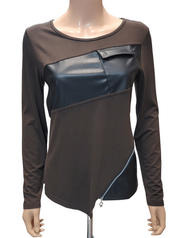 Faux Leather Insert Jersey Top with Front Zipper