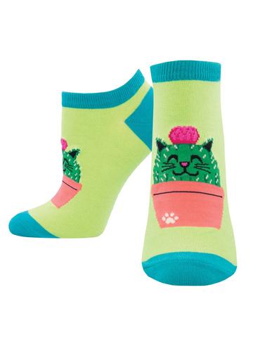 Kitty Cactus Green Ladies Ankle Socks